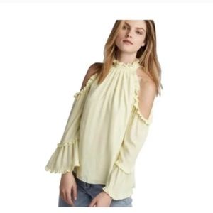 $5 Blow Out Amanda Uprichard Yellow Ruffle Cold Shoulder Belle Sleeve Blouse Top